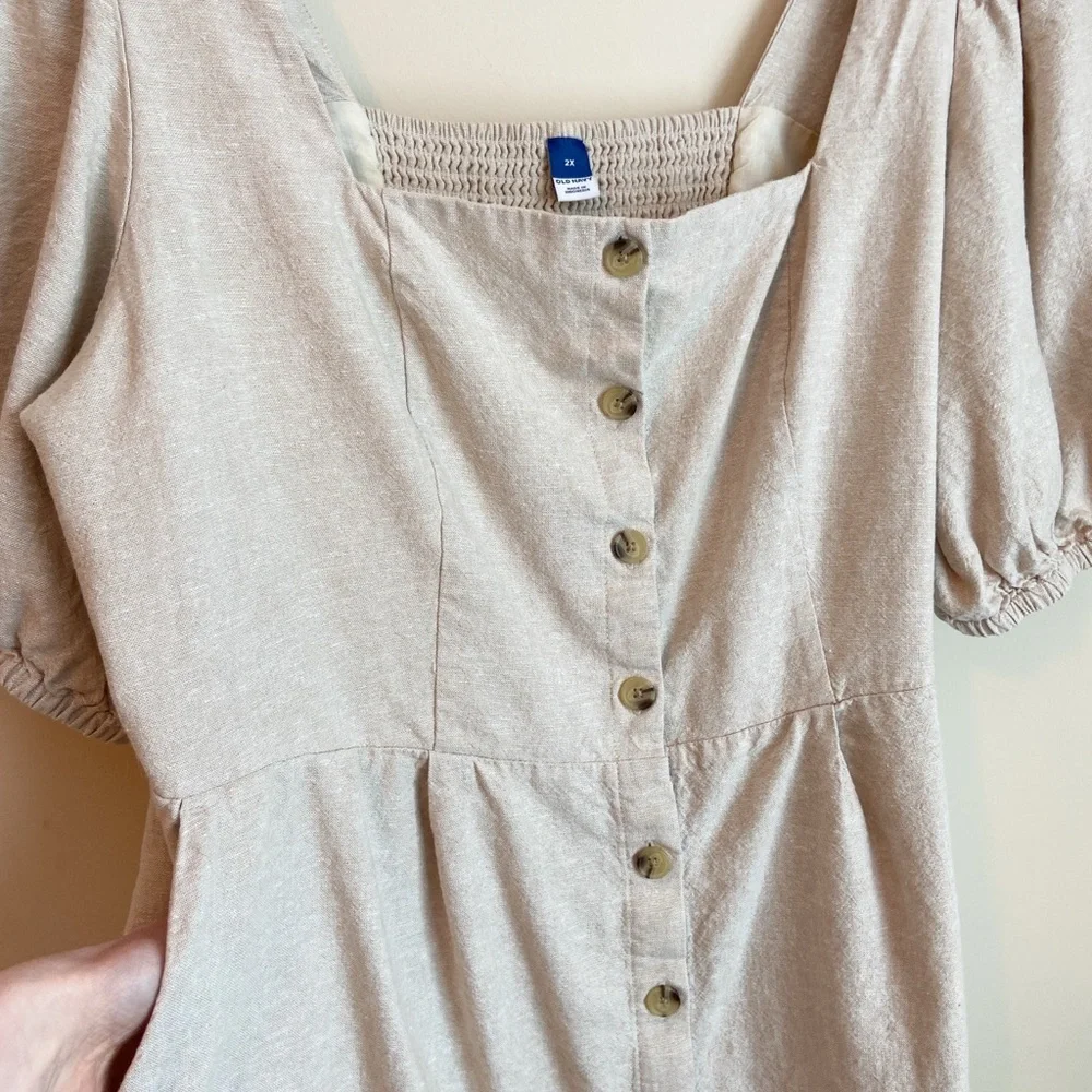 Old Navy Beige Linen Button-Front Puff Sleeve Dress - Picture 4 of 7